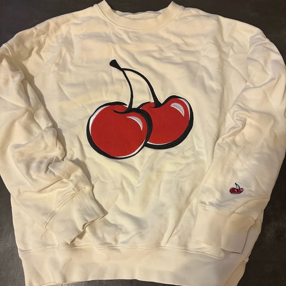 Cherry Embroidered Cream Sweatshirt